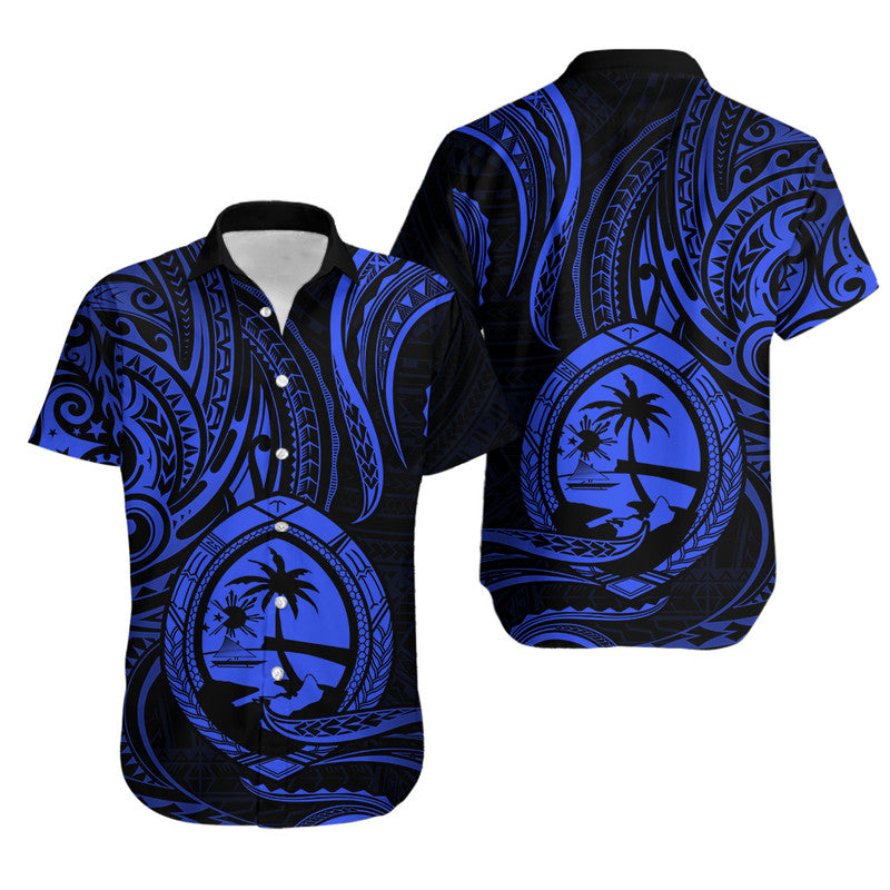 Matching Outfits For Couples Polynesian Guam With Polynesian Tribal Tattoo and Coat of Arms Blue Version