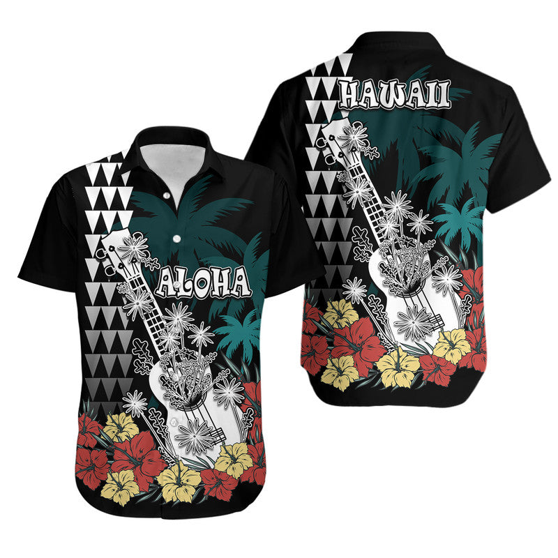 Hawaii Ukulele Mix Hibiscus and Coconut Tree Hawaiian Shirt Aloha Vintage Black Version