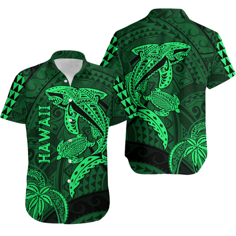 Hawaii Hawaiian Shirt Shark and Turtle Mix Kakau Green