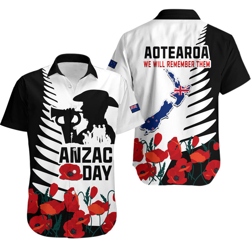 New Zealand ANZAC Day Hawaiian Shirt Military Silver Ferns and Red Poppy