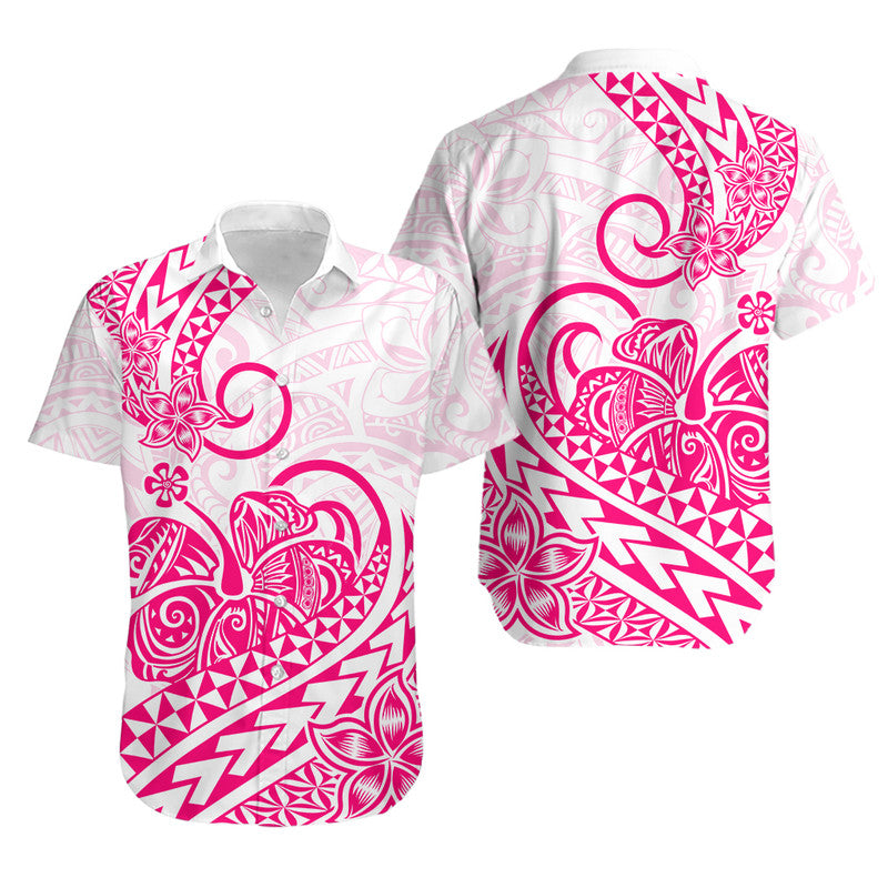 Matching Outfits For Couples Polynesian Tribal Tattoo Retro Couple Off Long Dress and Hawaiian Shirt Pink Screen Color