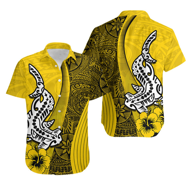Matching Outfits For Couples Hawaiian Shark Polynesian Combo Dress And Shirt Vibe Yellow Style