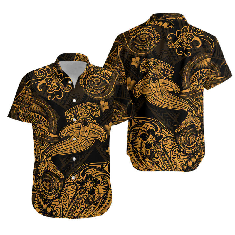 Hawaii Hammer Shark Polynesian Combo Dress and Hawaiian Shirt Matching Couples Outfit Unique Style Gold