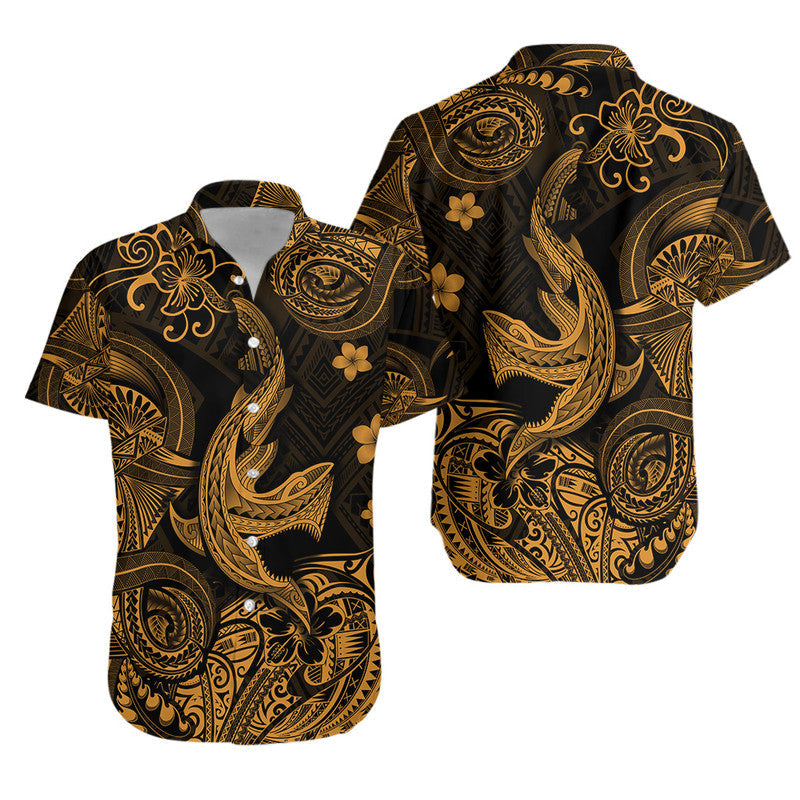 Hawaii Angry Shark Polynesian Combo Dress and Hawaiian Shirt Matching Couples Outfit Unique Style Gold