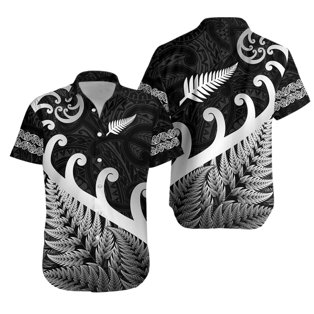 New Zealand Rugby Maori Hawaiian Shirt Silver Fern Koru Vibes - Black