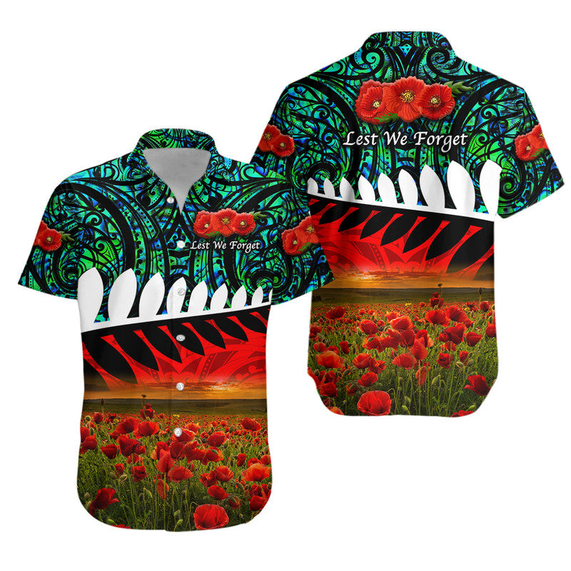 New Zealand Maori ANZAC Hawaiian Shirt Poppy Vibes - Turquoise