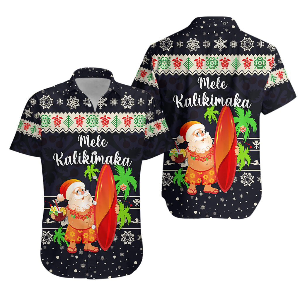 Hawaii Christmas Hawaiian Shirt Santa Claus Surfing Simple Style - Navy