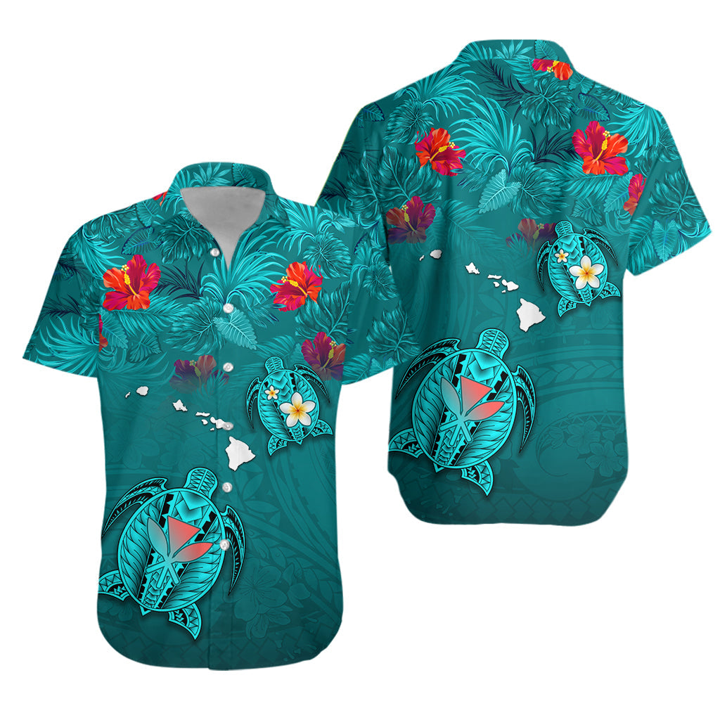 Hawaiian Islands Hawaiian Shirt - Hawaii Tropical Flowers and Turtles Turquoise
