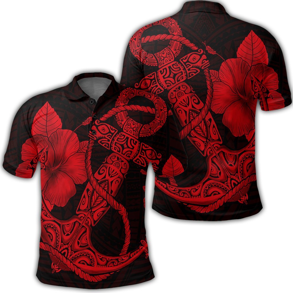 Hawaiian Anchor Poly Tribal Hibiscus Polynesian Polo Shirt Red - AH