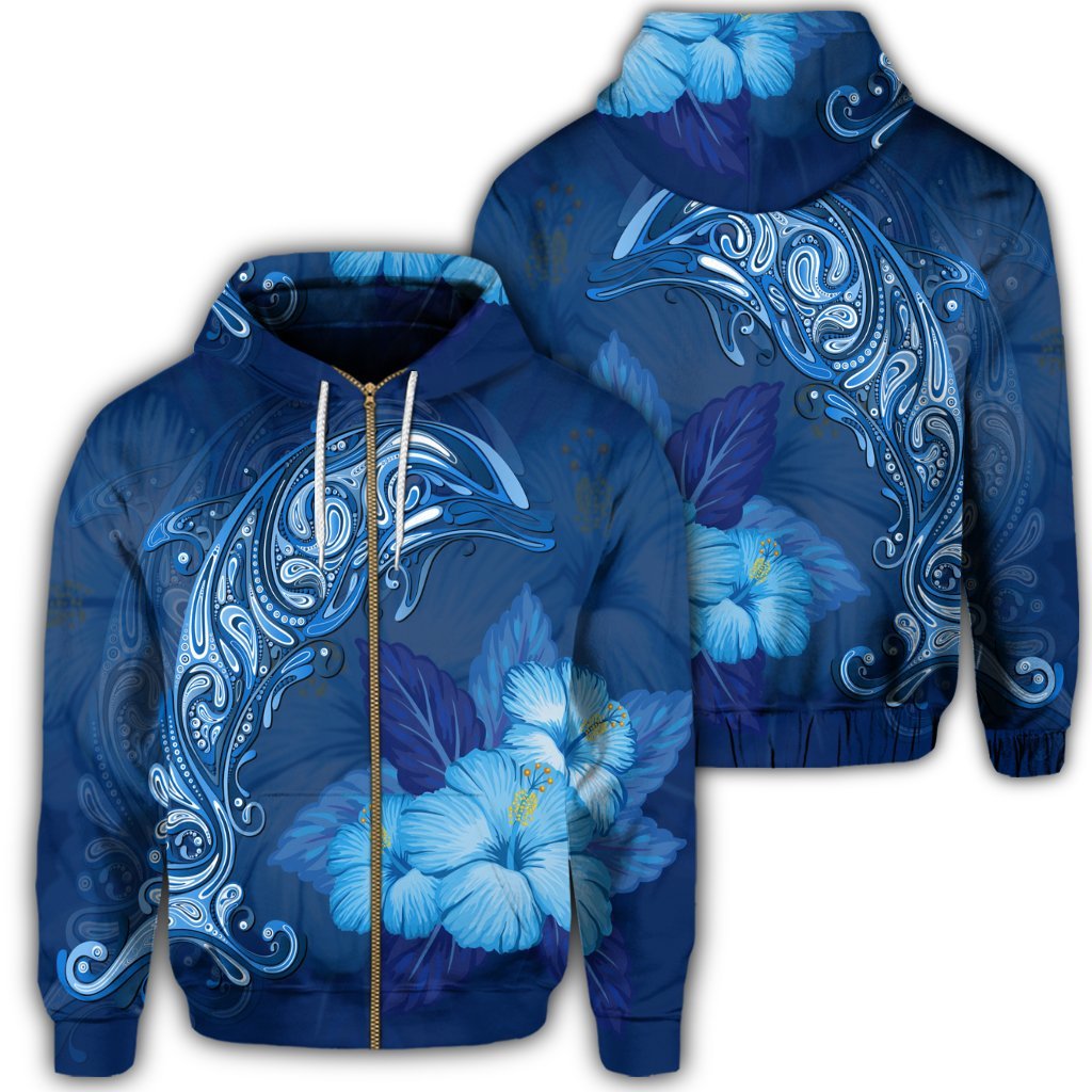 Hawaiian Dolphin Hibiscus Tropic Blue Polynesian Zip Hoodie