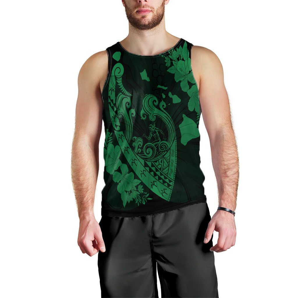 Hawaiian Fish Hook Hibiscus Banzai Surfing Polynesian Tank Top Green AH