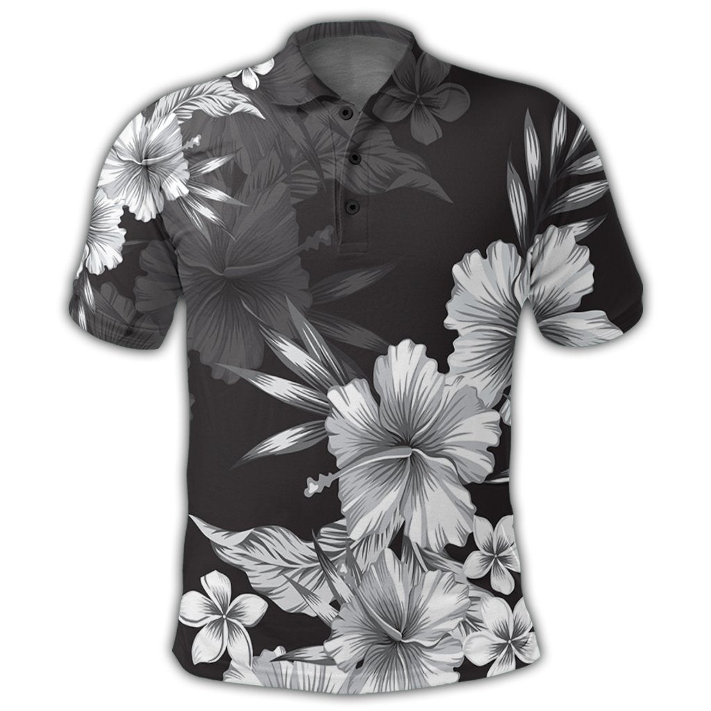 Hawaiian Hibiscus Black And White Polynesian Polo Shirt - AH