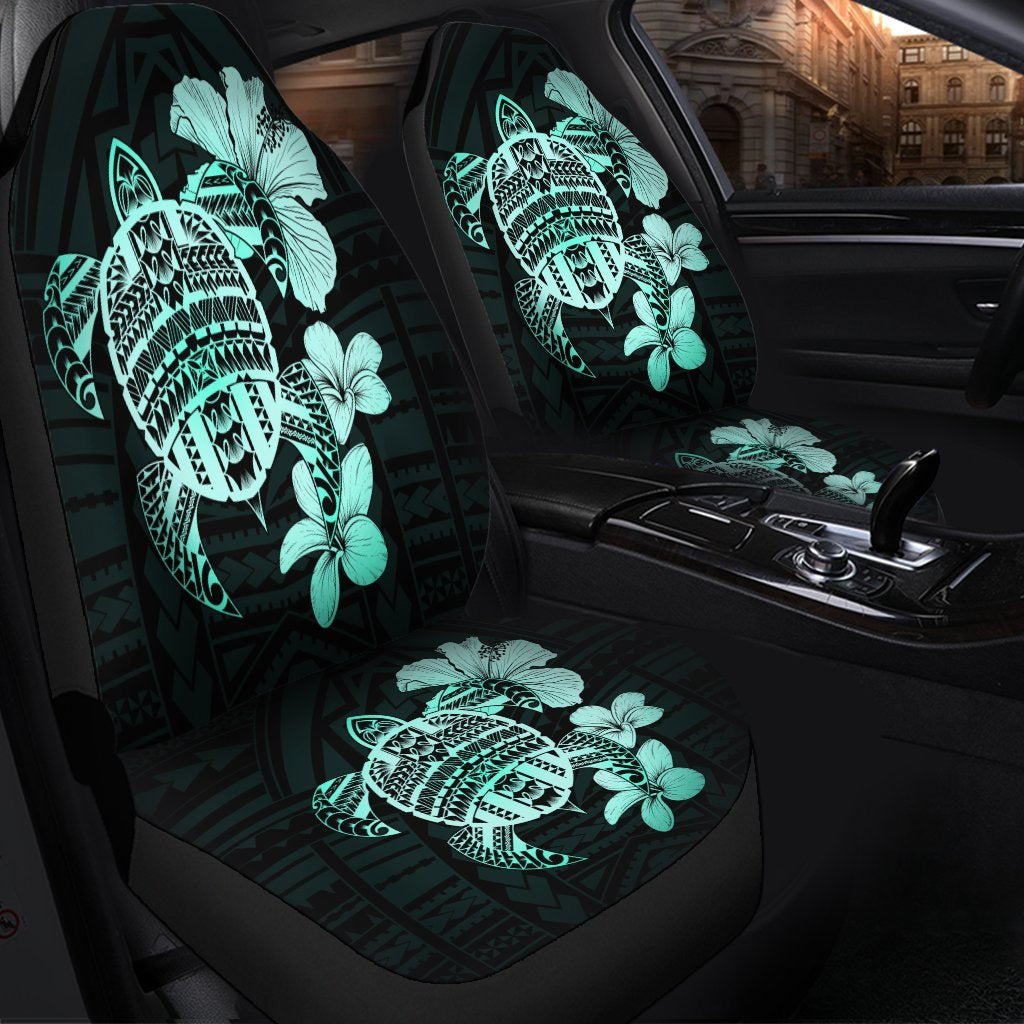 Hawaiian Kanaka Hibiscus Plumeria Mix Polynesian Turtle Car Seat Covers Turquoise AH