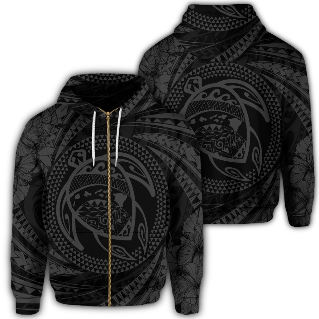 Hawaiian Kanaka Honu Hibiscus Tornando Polynesian Gray Zip Hoodie