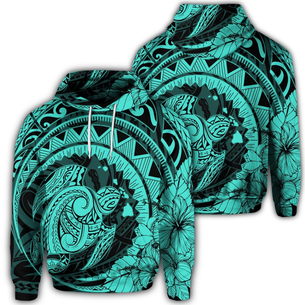 Hawaiian Kanaka Honu Map Hibiscus Globular Polynesian Turquoise Hoodie