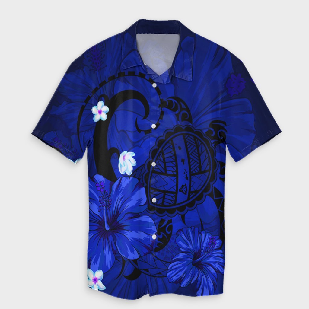 Hawaiian Map Big Turtle Hibiscus Plumeria Tribal Polynesian Hawaiian Shirt - Blue - AH