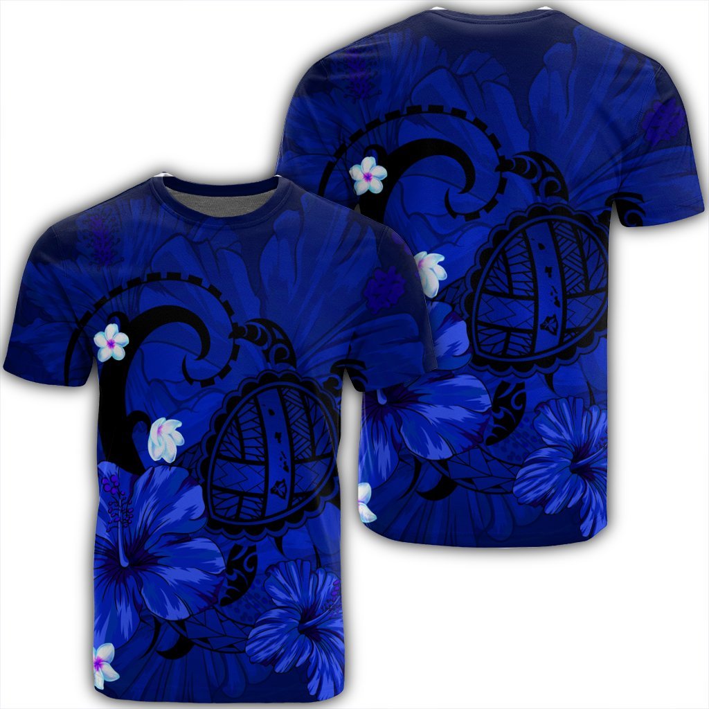 Hawaiian Map Big Turtle Hibiscus Plumeria Tribal Polynesian T Shirt Blue AH