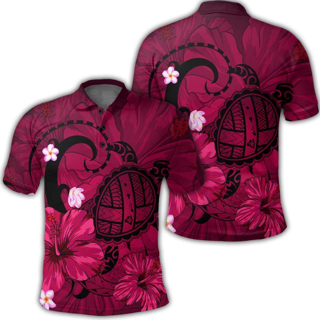 Hawaiian Map Big Turtle Hibiscus Plumeria Tribal Polynesian Polo Shirt - Pink - AH