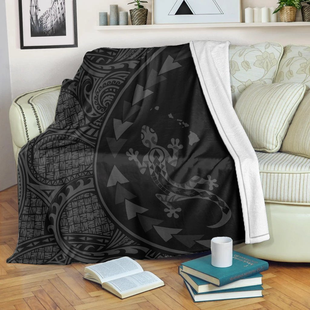 Hawaiian Map Gecko Tattoo Kakau Polynesian Premium Blankets Gray AH