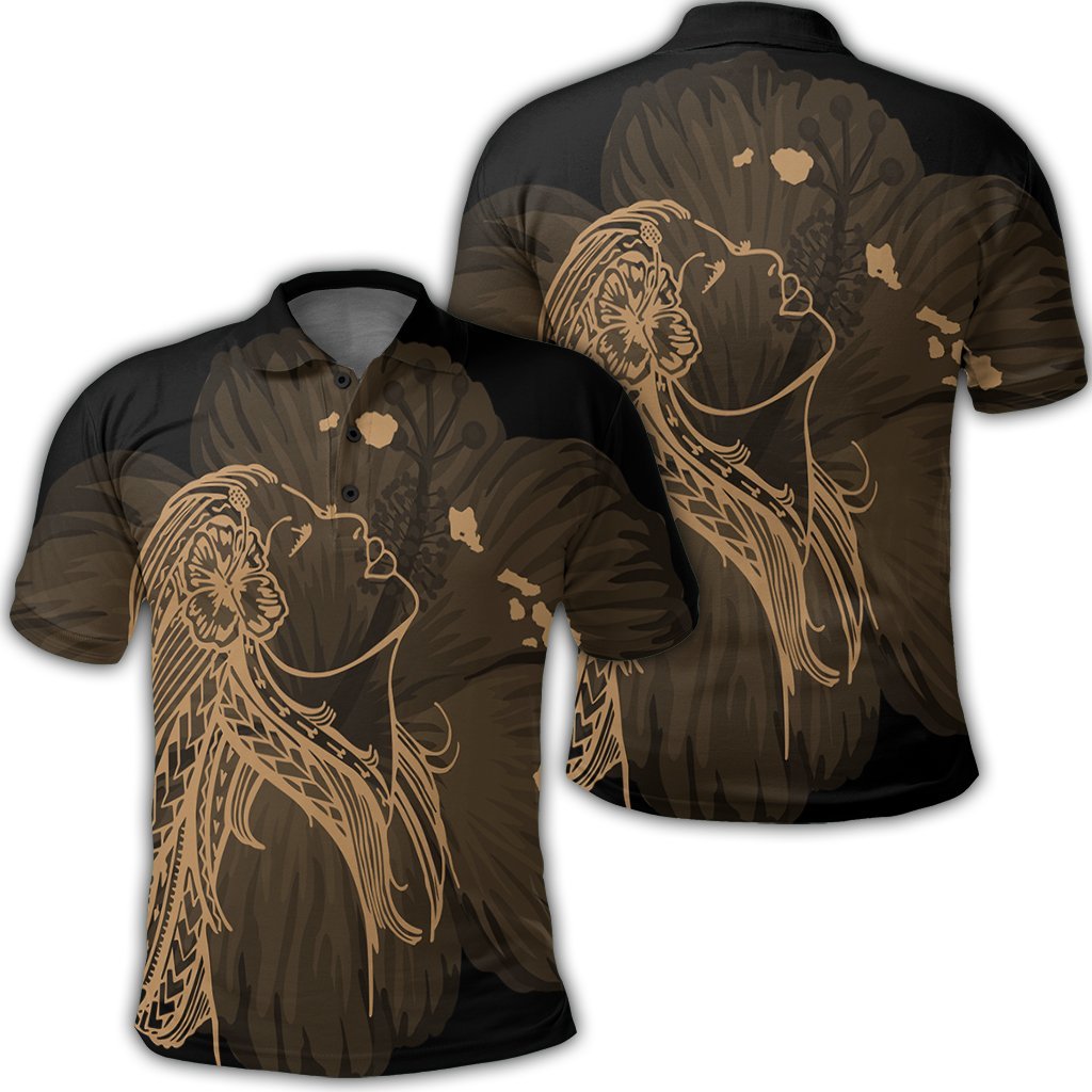 Hawaiian Map Heart Hula Girl Hibiscus Gold Polynesian Polo Shirt - AH