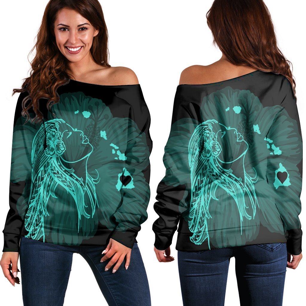 Hawaiian Map Heart Hula Girl Hibiscus Turquoise Polynesian Women's Off Shoulder Sweater AH