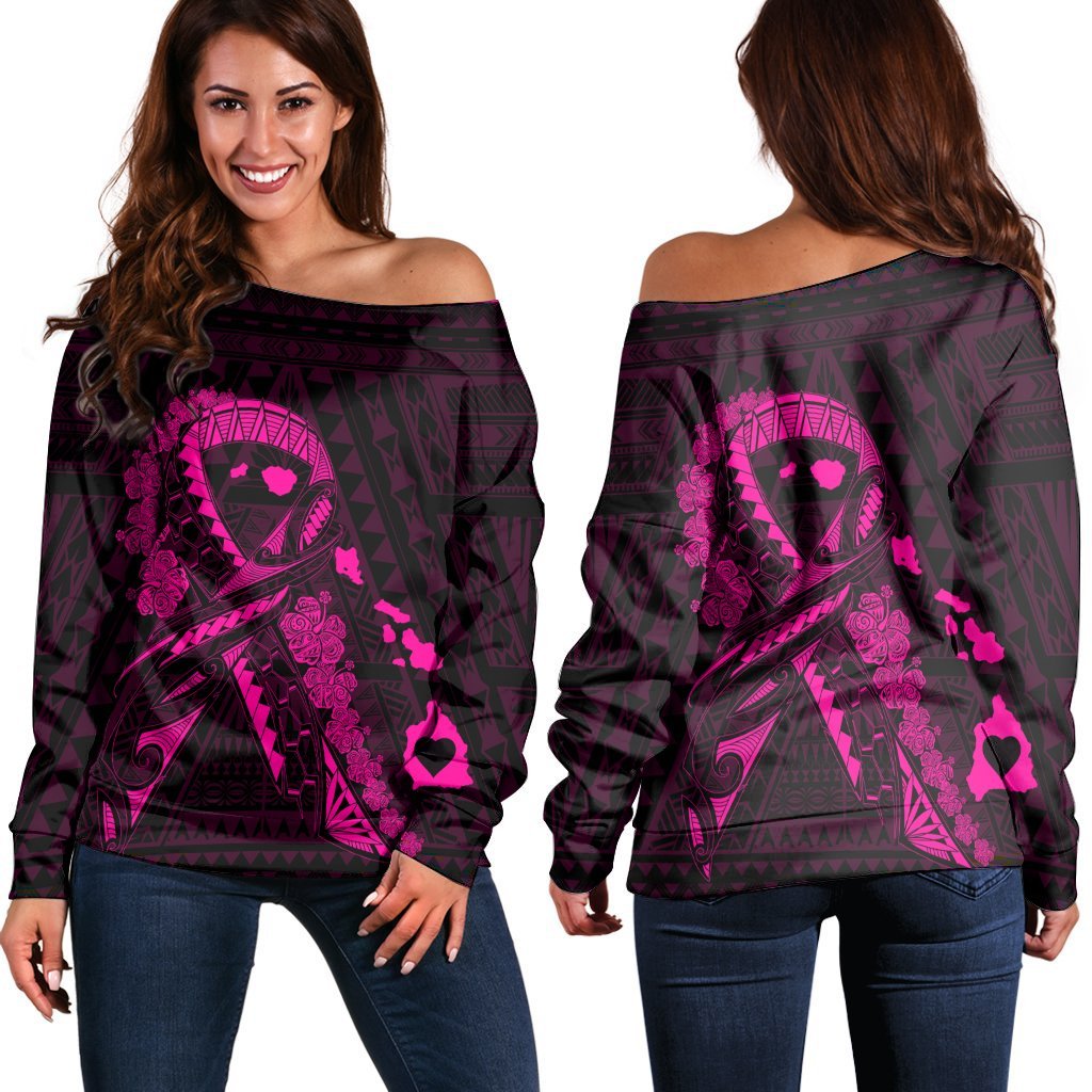 Hawaiian Map Heart Ribbon Cancer Hibiscus Pink Polynesian Women's Off Shoulder Sweater AH