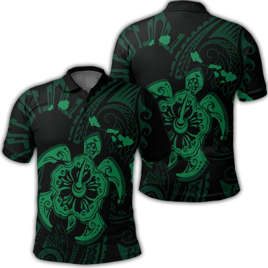 Hawaiian Map Kanaka Hibiscus Turtle Green Polynesian Polo Shirt - AH