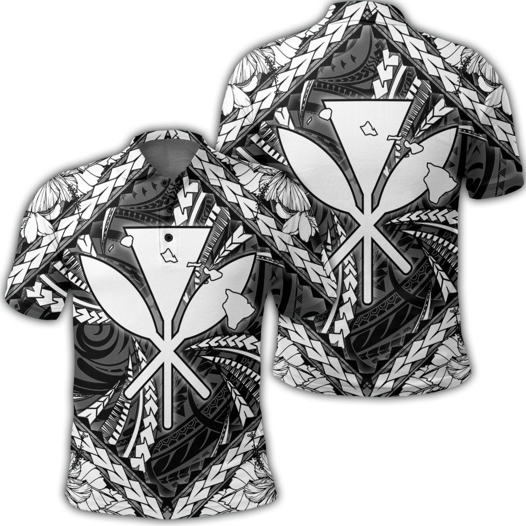 Hawaiian Map Kanaka Hibiscus White Polynesian Polo Shirt - AH