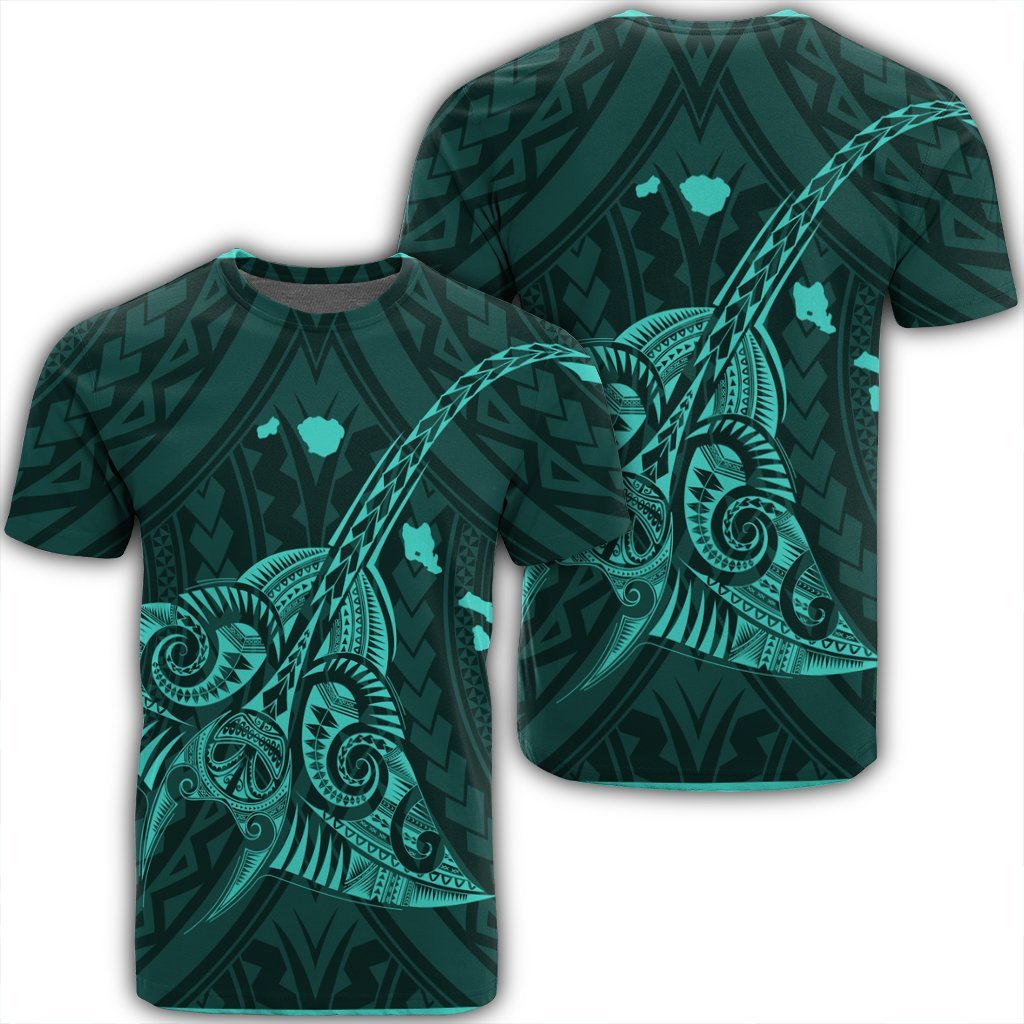 Hawaiian Map Kanaka Manta Ray Polynesian T Shirt Turquoise AH