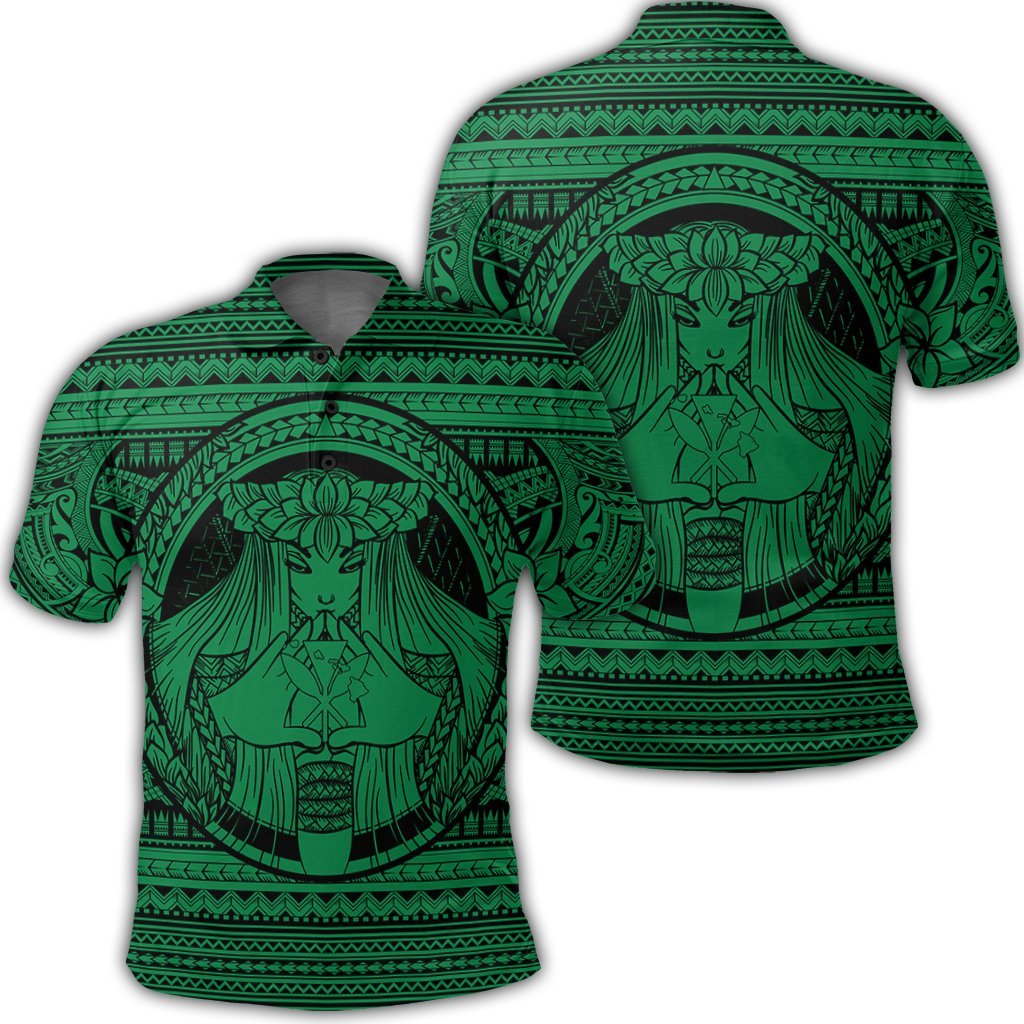 Hawaiian Map Madame Pele Kanaka Plumeria Polynesian Polo Shirt Green AH