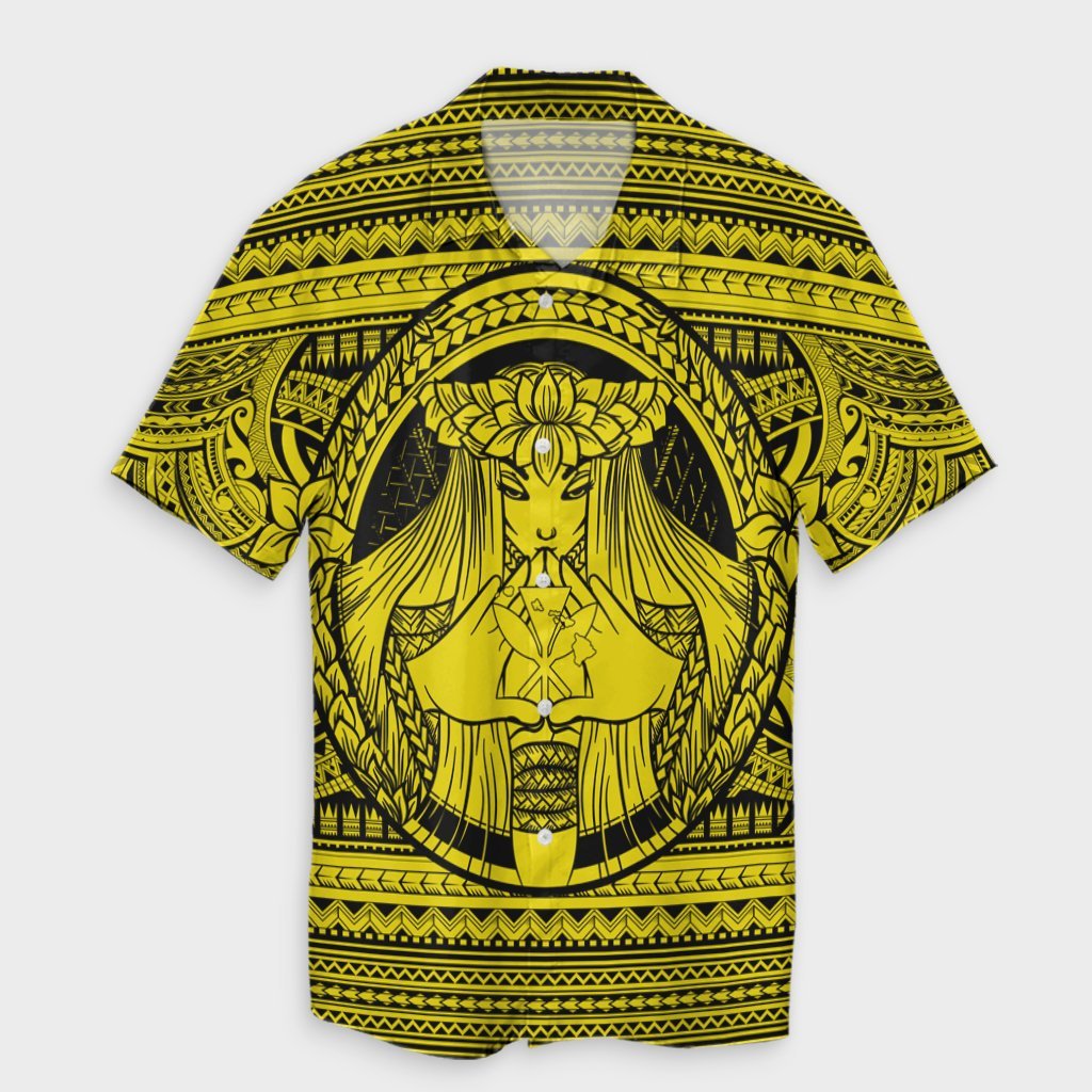 Hawaiian Map Madame Pele Kanaka Plumeria Polynesian Hawaiian Shirt Yellow AH