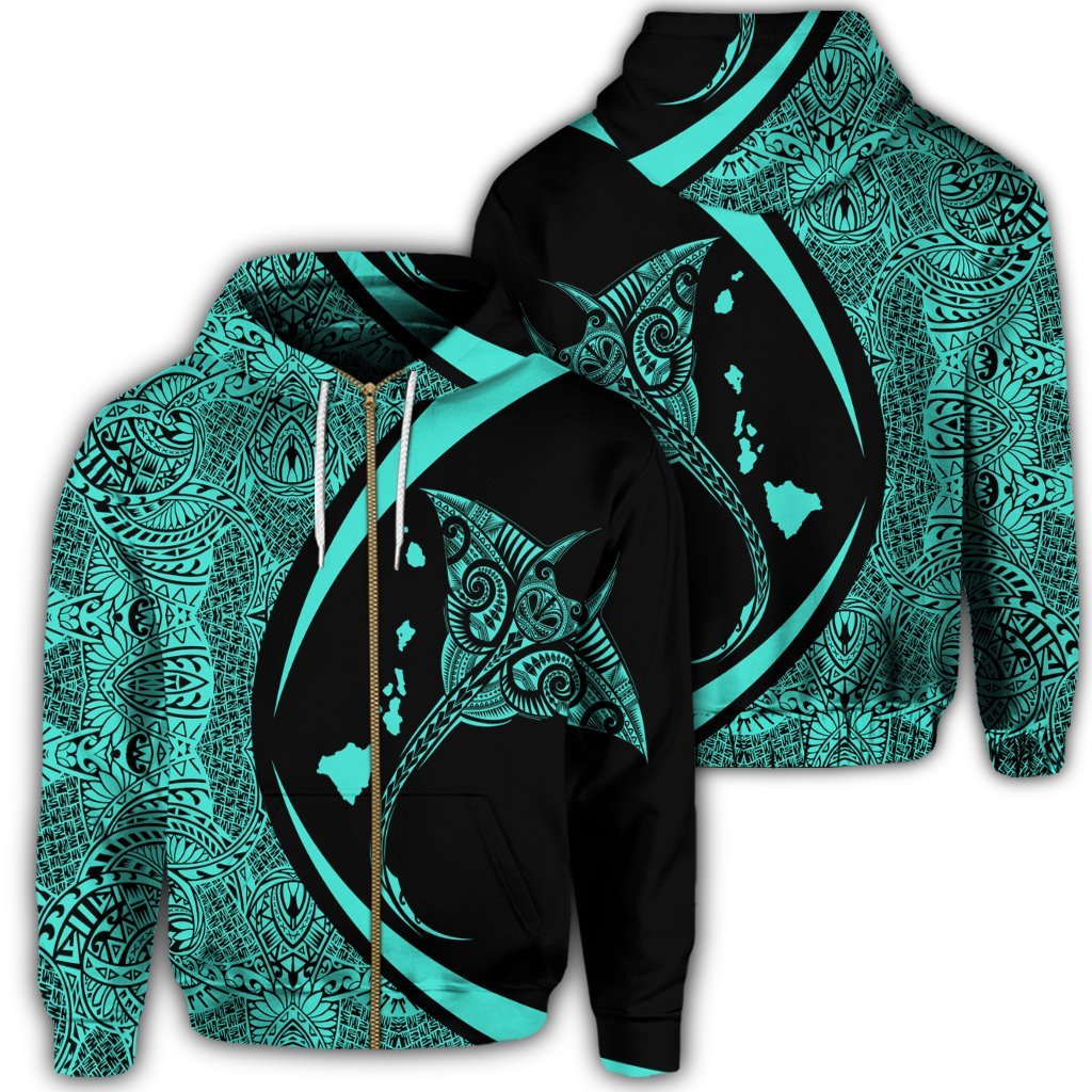 Hawaiian Map Manta Ray Polynesian Zip Hoodie Turquoise Circle Style