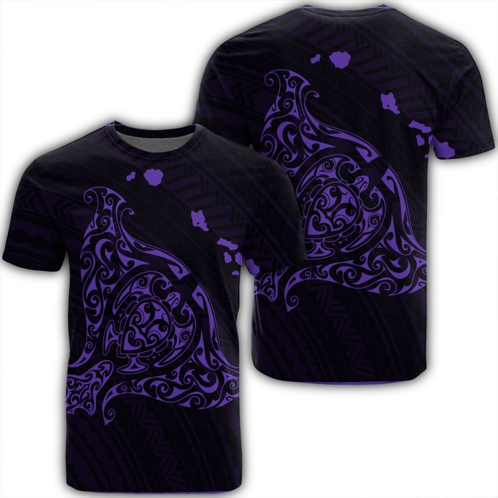 Hawaiian Map Manta Ray Purple Polynesian T - Shirt - Ah