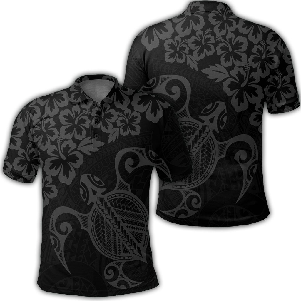 Hawaiian Map Turtle Hibiscus Kanaka Polynesian Polo Shirt - Gray - AH