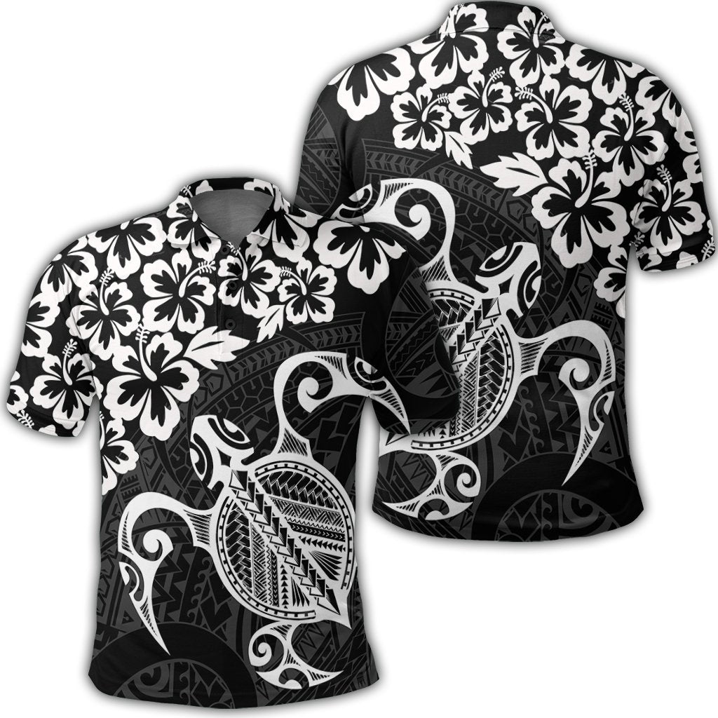 Hawaiian Map Turtle Hibiscus Kanaka Polynesian Polo Shirt - White - AH