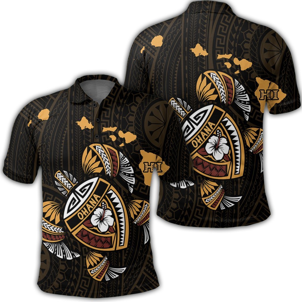 Hawaiian Map Turtle Ohana Hibicus Polynesian Polo Shirt - AH