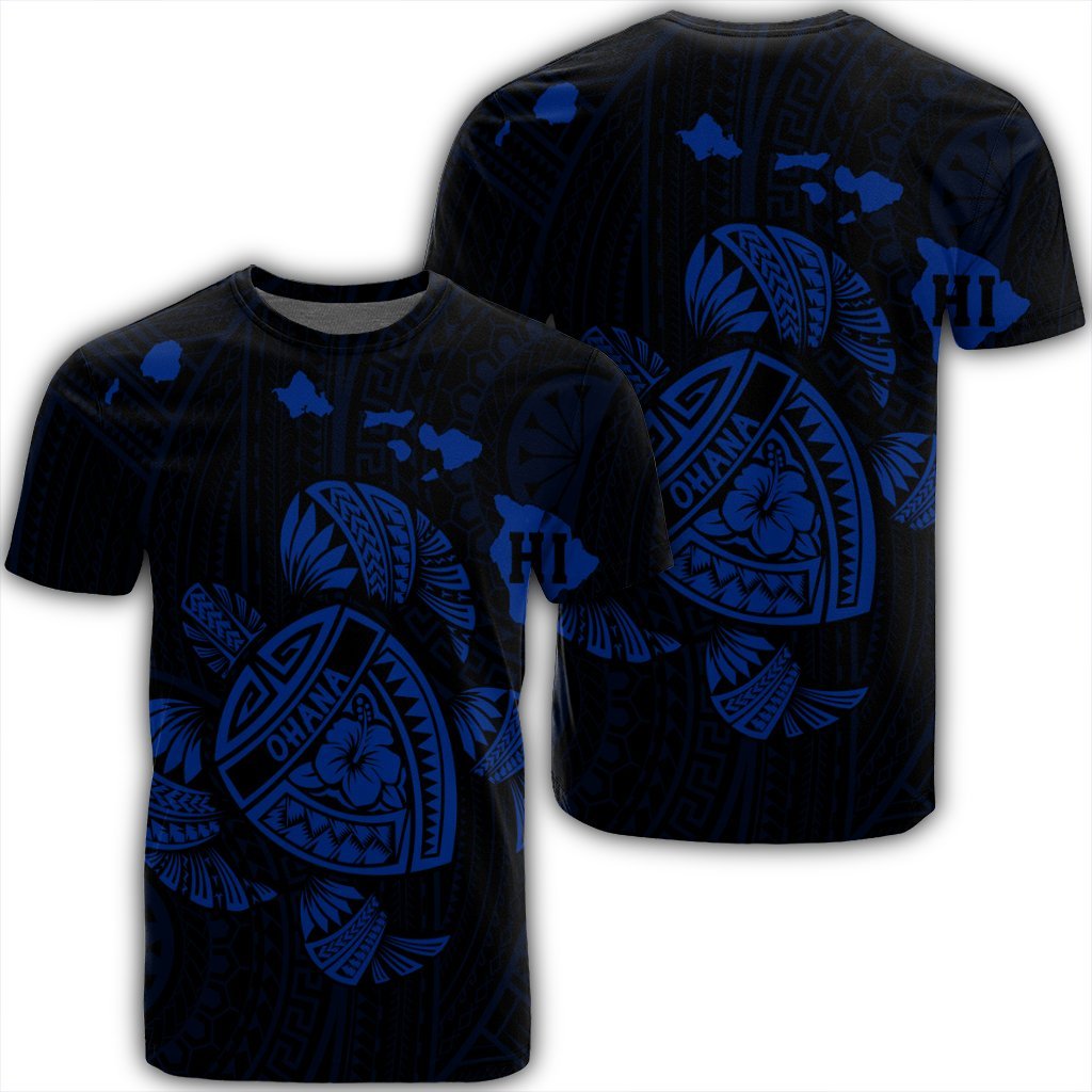 Hawaiian Map Turtle Ohana Hibicus Polynesian T - Shirt - Blue - Ah