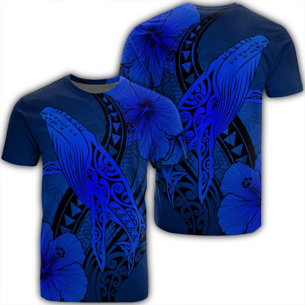 Hawaiian Map Whale Swim Hibiscus Polynesian T - Shirt - Blue - Ah