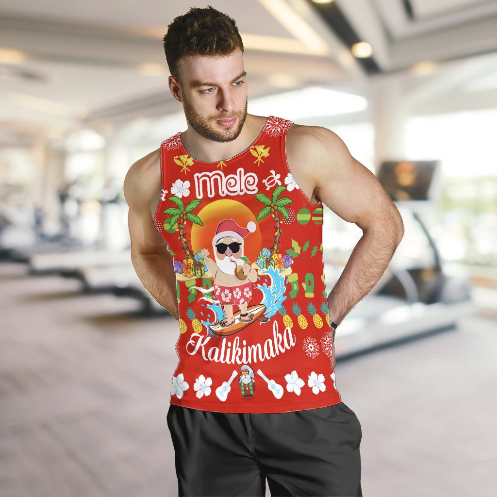 Hawaiian Mele Kalikimaka Santa Claus Pattern Christmas Men's Tank Top Red Labo Style AH