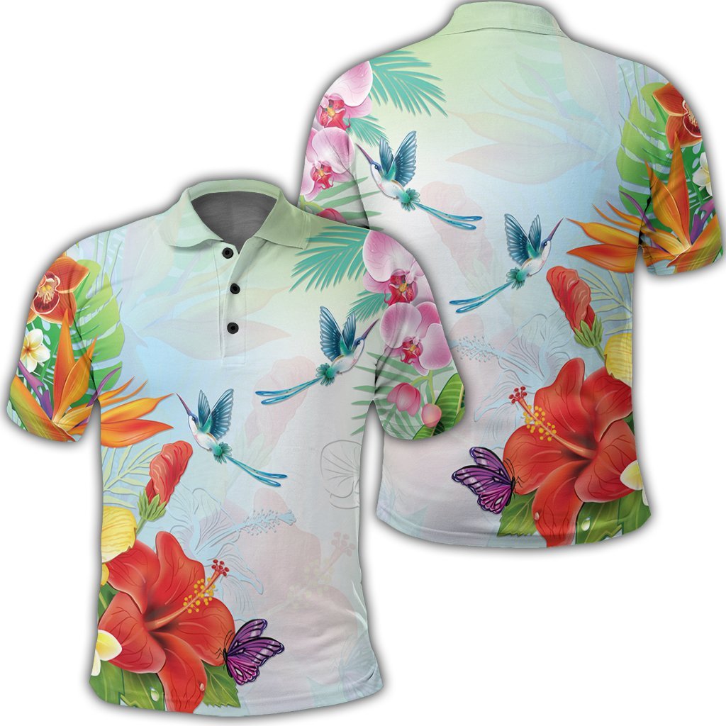 Hawaiian Orchids Strelitzia Hibiscus Plumeria Hummingbirds Polynesian Polo Shirt - AH