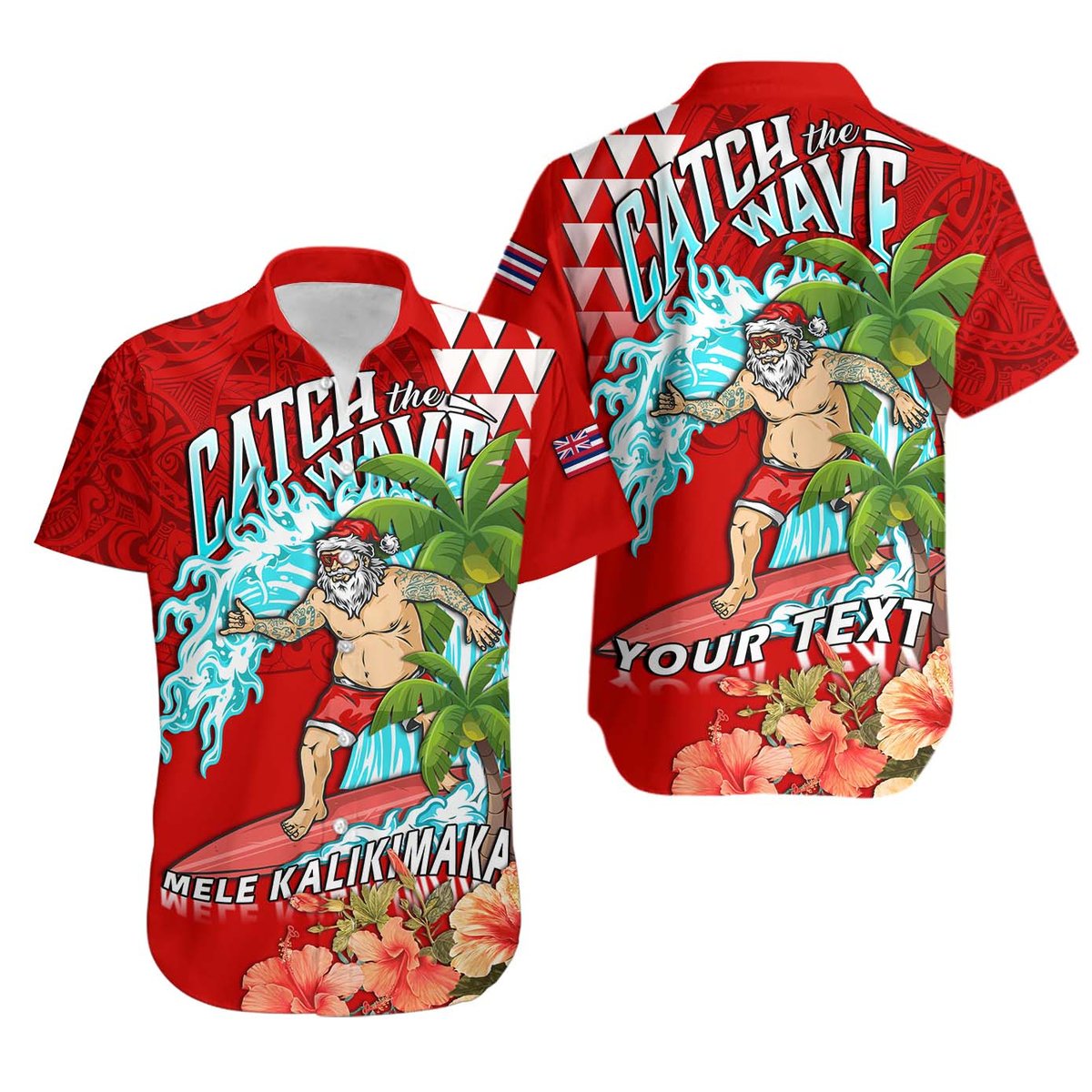 Custom Personalised Hawaii Mele Kalikimaka Hawaiian Shirt Santa Claus Surfing Xmas Time