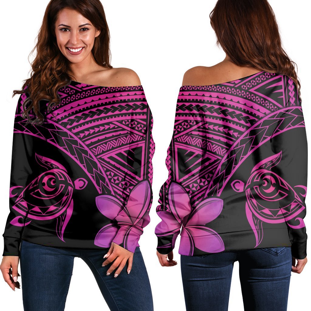 Hawaiian Turtle Plumeria Kakau Polynesian Quilt Women's Off Shoulder Sweater Neo Pink AH