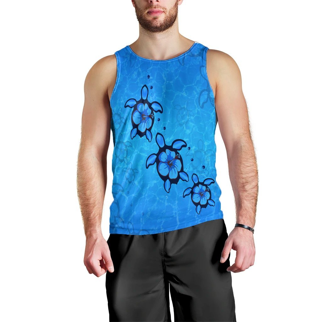 Hawaiian Turtle Swim In The OCean With Hibiscus Polynesian Tank Top AH