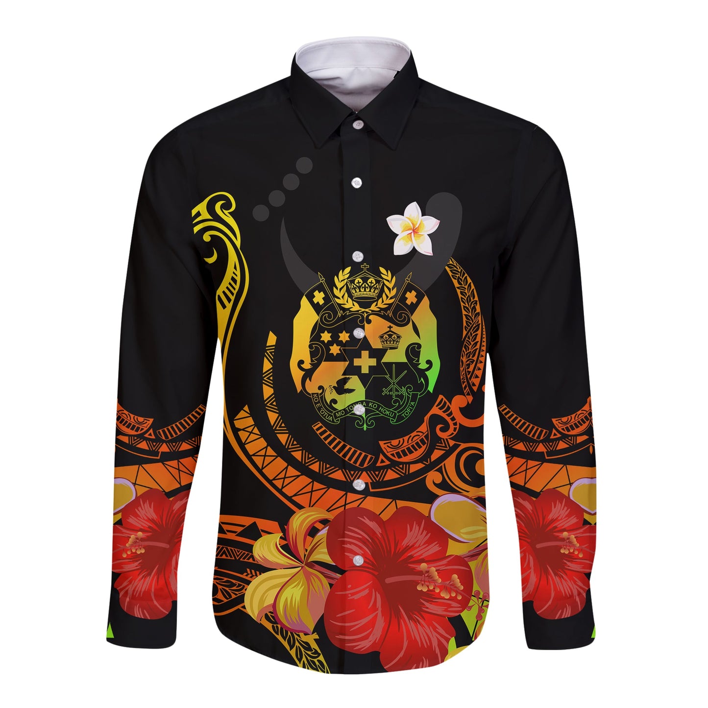 Tropical Flowers Tonga Coat Of Arms Polynesia Hawaii Long Sleeve Button Shirt