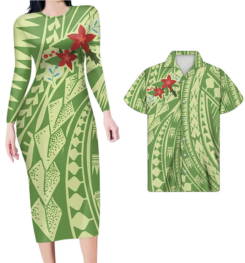 Hawaii Matching Outfits For Couples Hawaii Flowers Polynesian Tribal Green Bodycon Dress And Hawaii Shirt