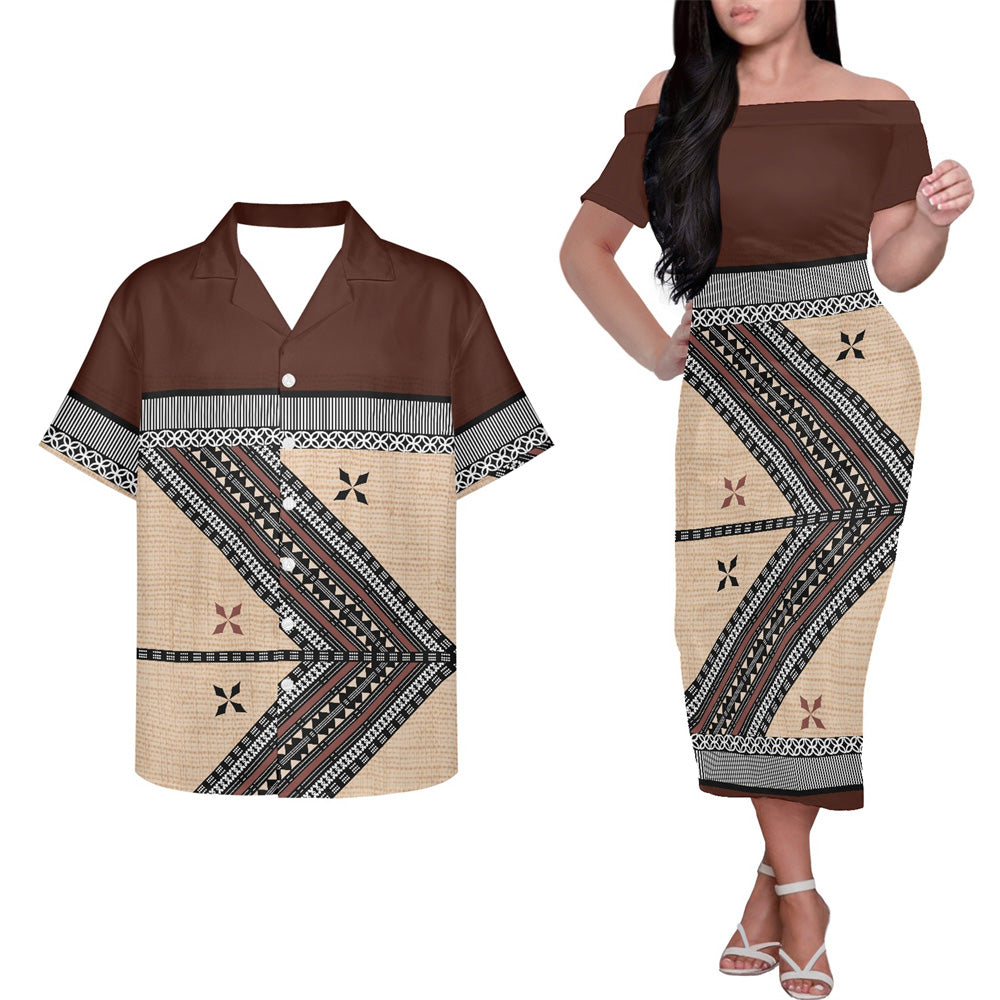 Polynesian Geometric Pattern Couple Outfits Island Hung Short Sleeved Dress And Hawaiian Shirt Couple Set