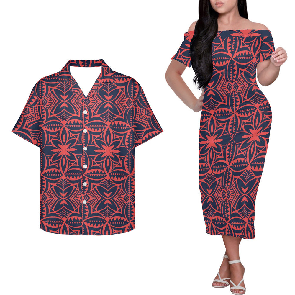 Polynesian Geometric Tropical Pattern Couple Matching Outfits Island Hung Short Sleeved Dress And Hawaiian Shirt Couple Set