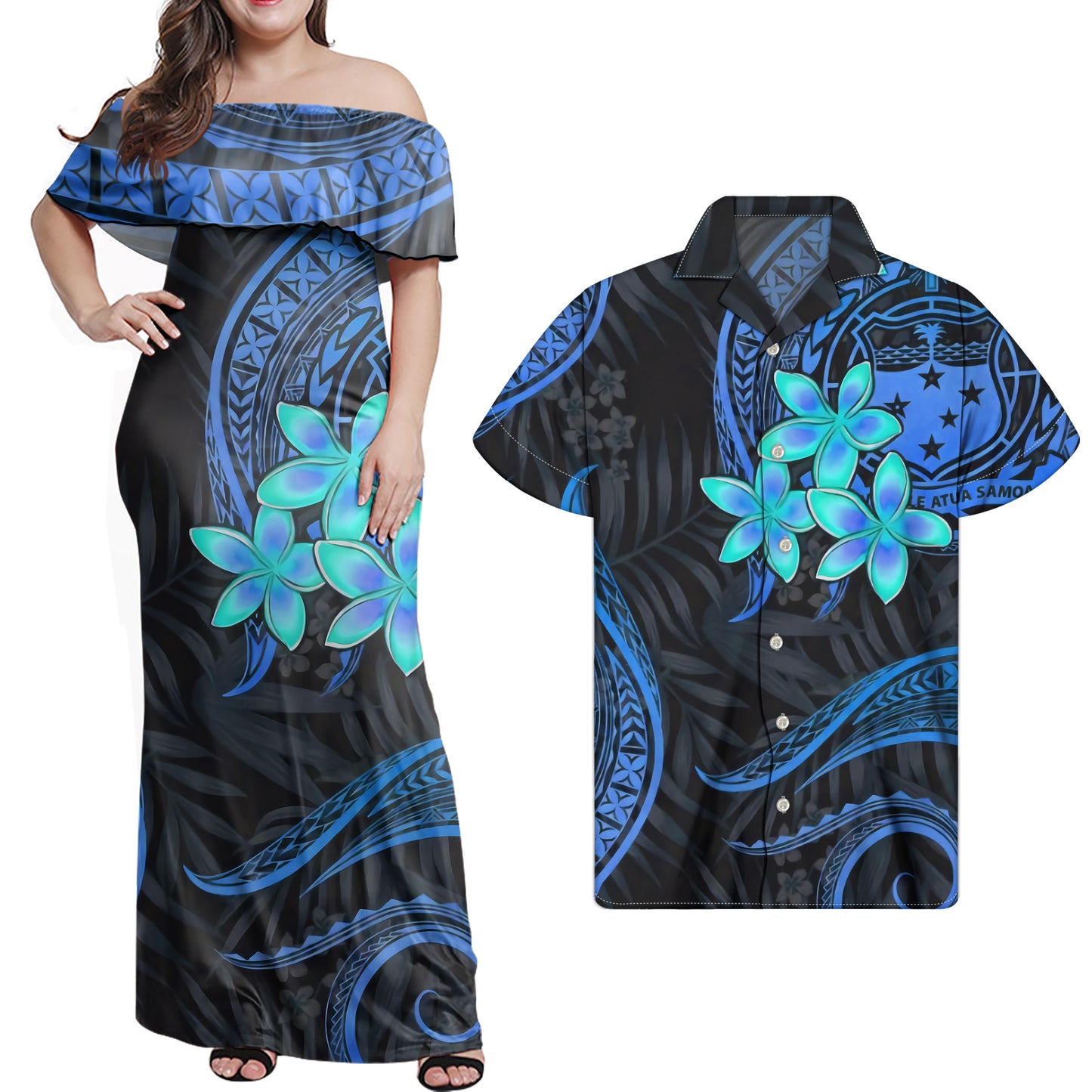 Polynesian Blue Plumeria Flowers Pattern Combo Dress and Hawaiian Shirt Matching Couples Outfit For Him Her