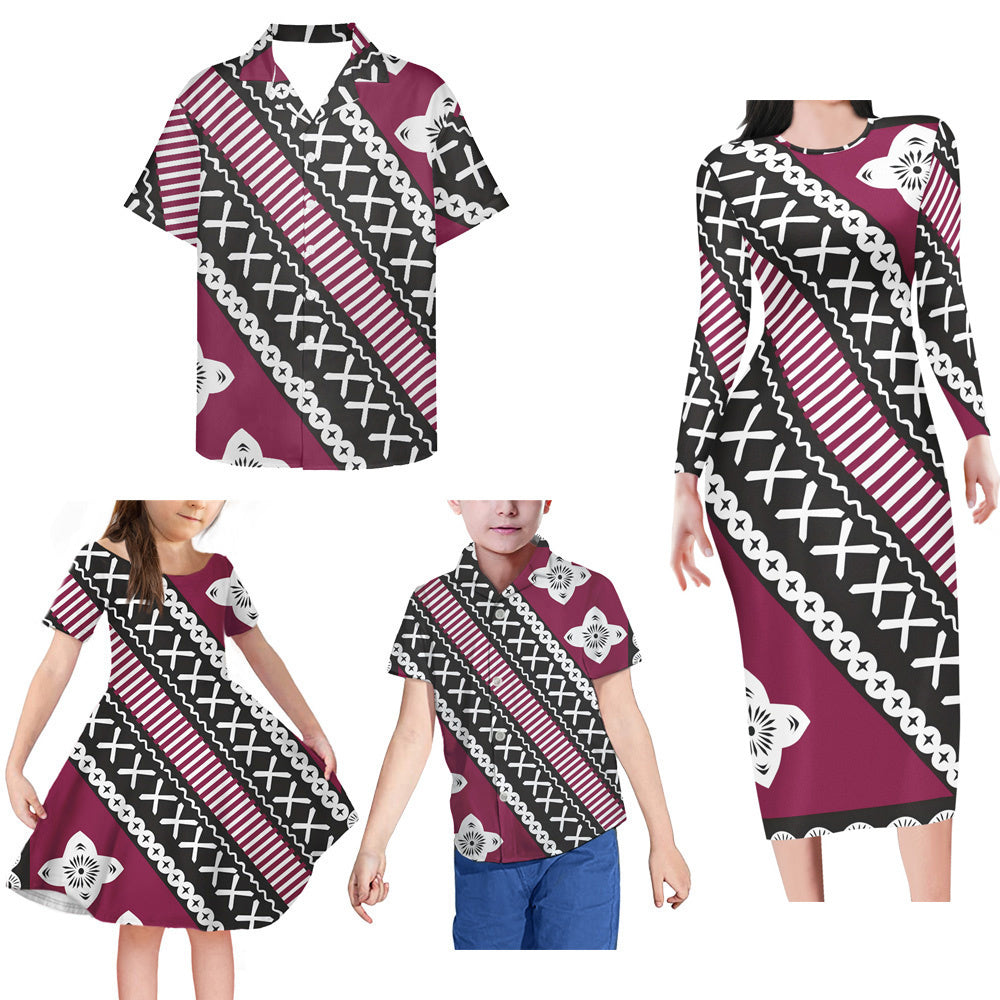 Polynesian Tribal Pattern Matching Family Outfits Island Bodycon Long Sleeve Dress And Shirt Family Members