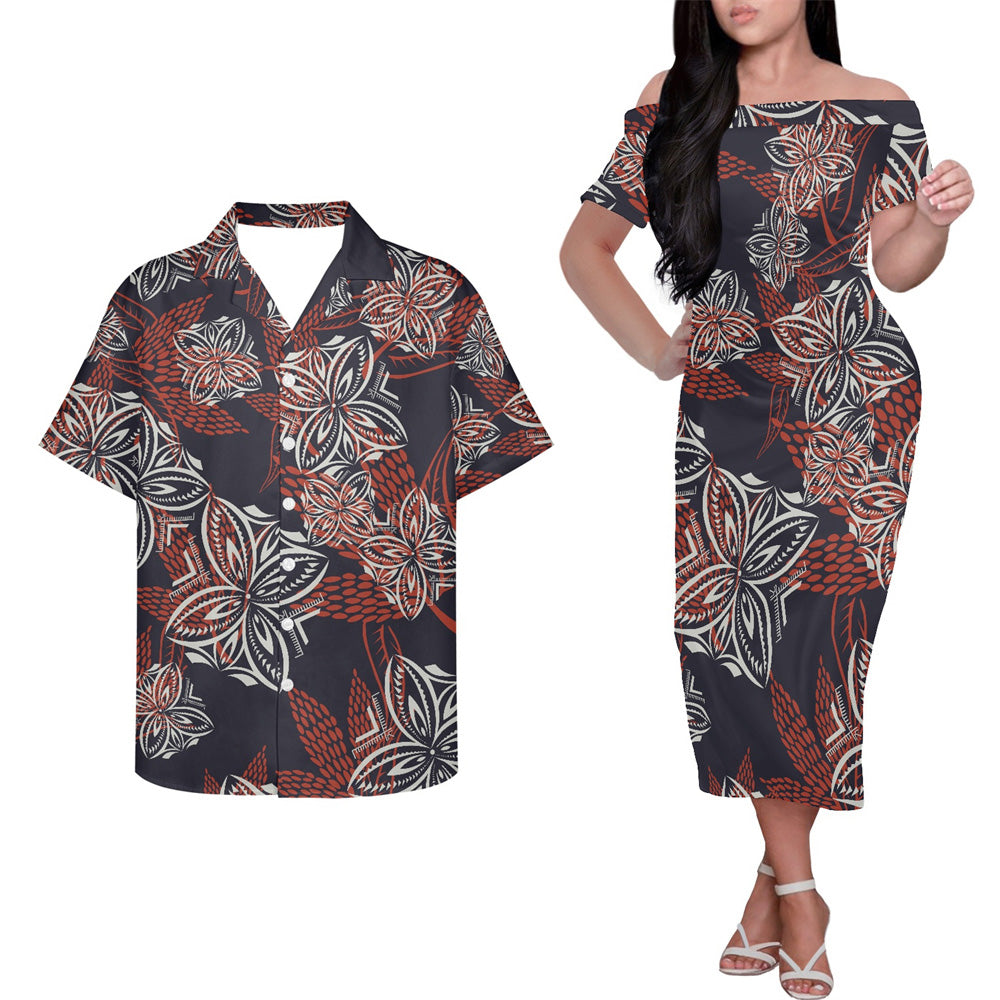 Polynesian Geometric Black Tropical Pattern Couple Matching Outfits Island Hung Short Sleeved Dress And Hawaiian Shirt Couple Set